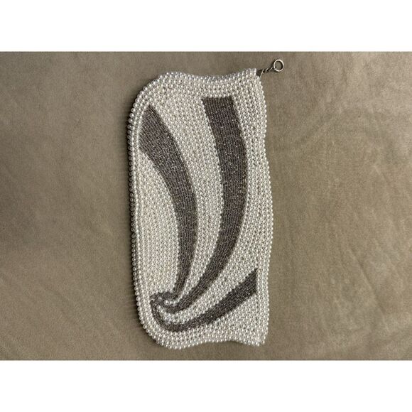 Antique Hand Beaded Pearl Evening Bag Cream Clutch w/Beaded Accents Zipper Close - Picture 3 of 11
